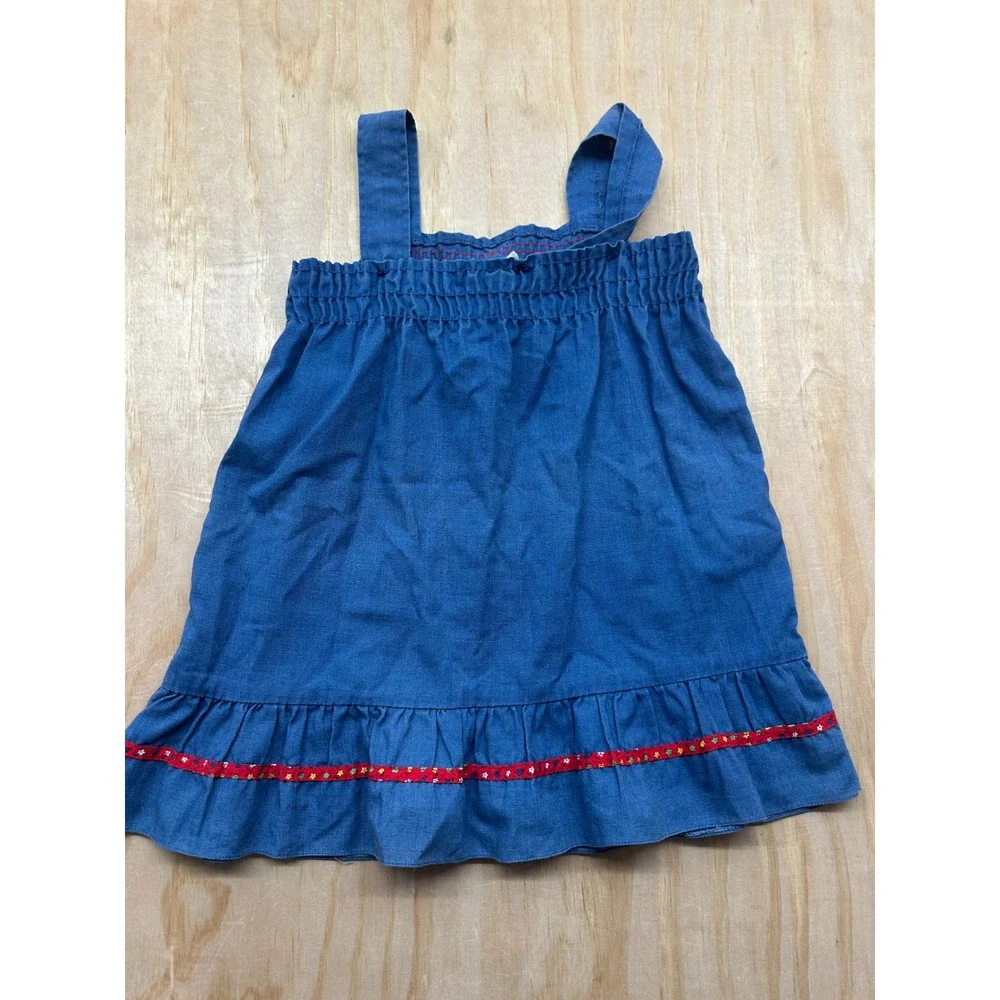 Vintage Girls Blue Chambray Denim Pinafore‎ Dress Ruffle Hem Floral Trim Bow 4T